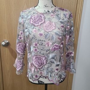 Lipsy Embroidered Scalloped Hem Fairycore Mesh Floral Bell Sleeve Top
